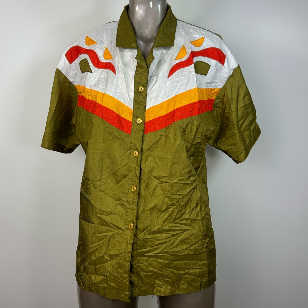 Vintage City Girl Men's Olive Green Button Down Shirt With Multicolor Design